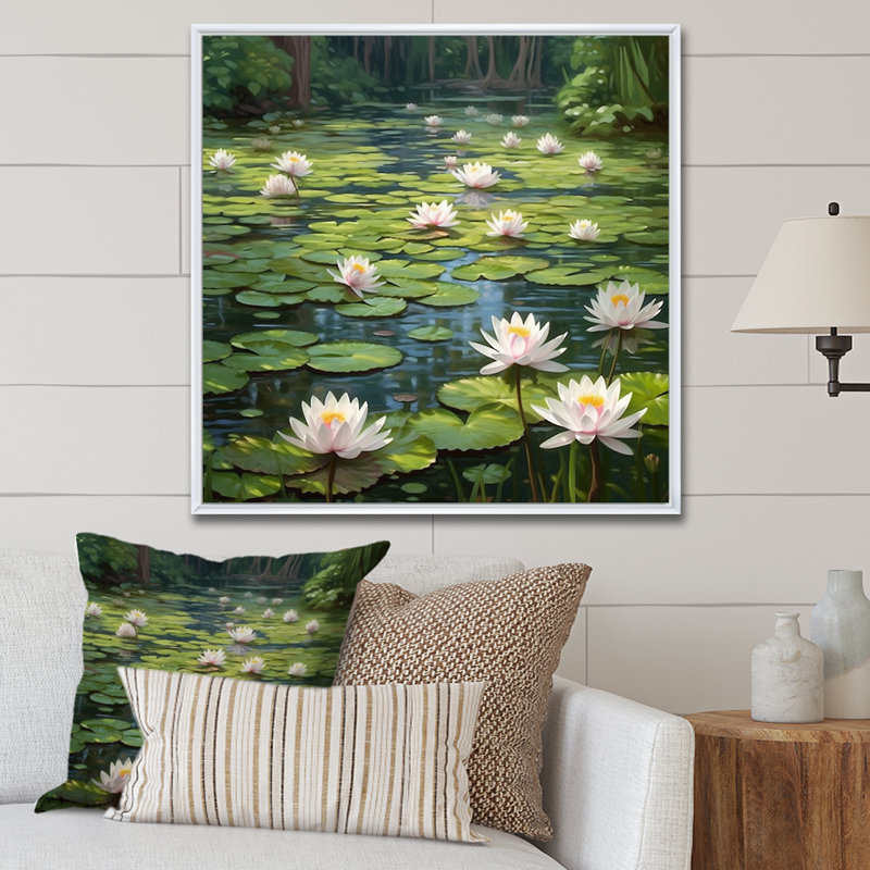 Magical Lotus Lily Pad Pond - Impression sur toile encadrée Lotus, H 24 po x l 24 po x P 1 po, Cadre flottant blanc