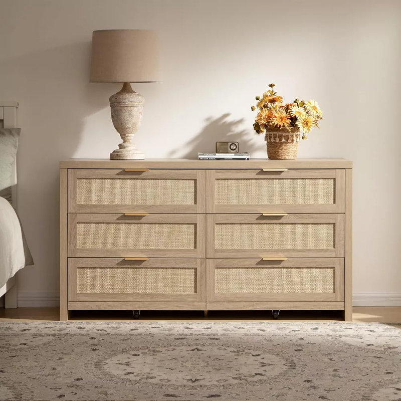 Rattan 6 Drawer Dresser, 57" Wide Boho Wooden Storage Chest, TV Stand for Bedroom or Living Room