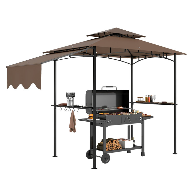 Pavillon de jardin à deux niveaux de 8 pi x 5 pi avec auvent latéral réglable, tablettes de rangement et crochets pour terrasse et patio Outsunny, brun
