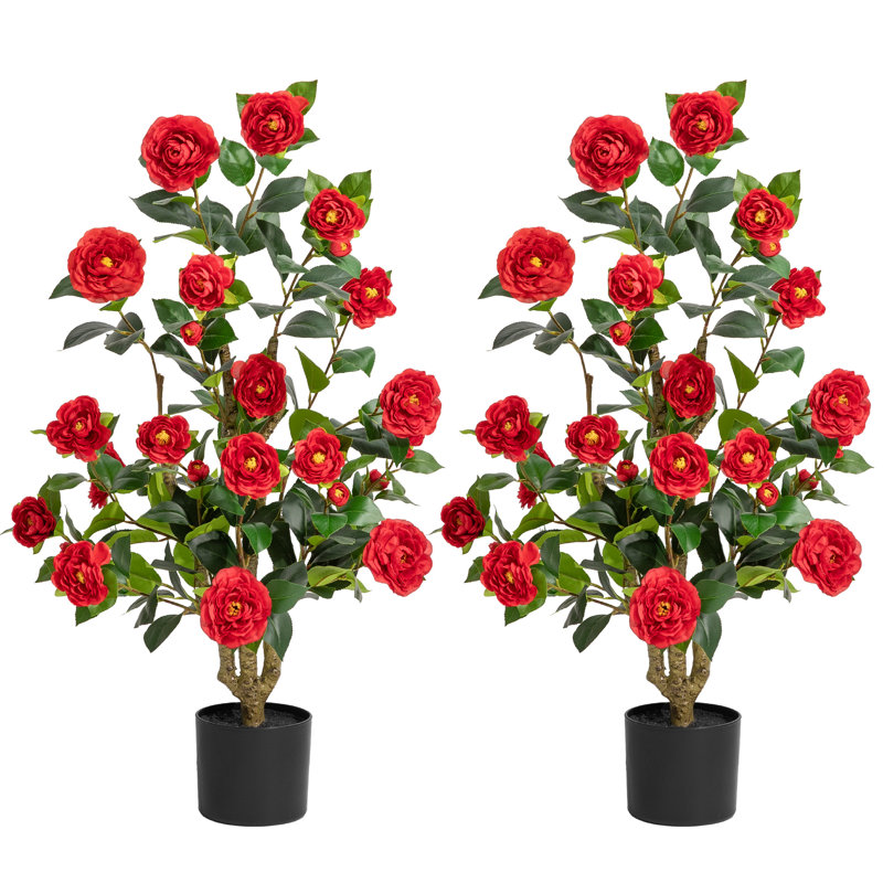 Arbre de camélia artificiel 3,3 pi 2 pièces, avec fleurs en fleurs et tronc de bois naturel, Rouge