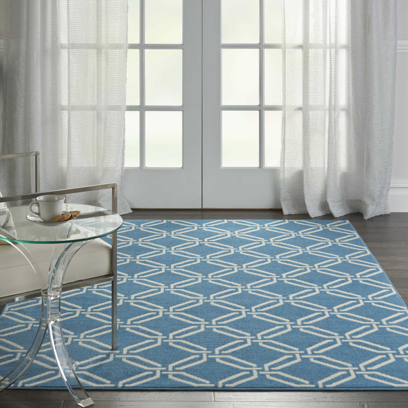 Tapis géométrique bleu / ivoire Kardinya, Rectangle 5 pi 3 po x 7 pi 3 po