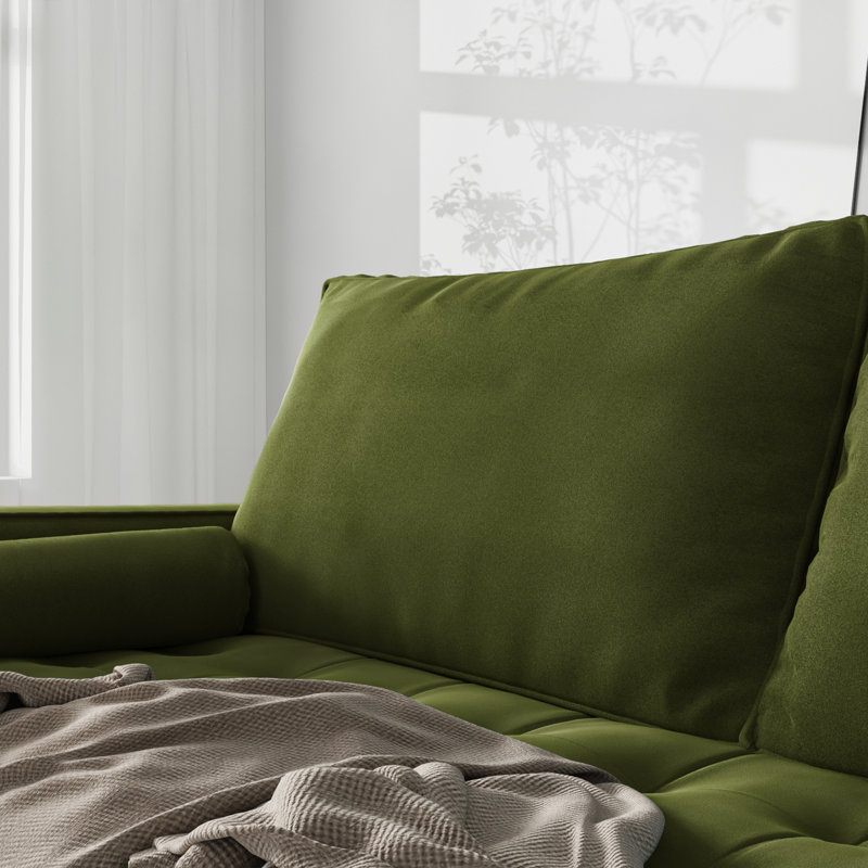 Brighton 58" Mid-Century Modern Velvet Loveseat, Tufted Square Arm Apartment Sofa with 2 Bolster Pillows, Army Green Velvet