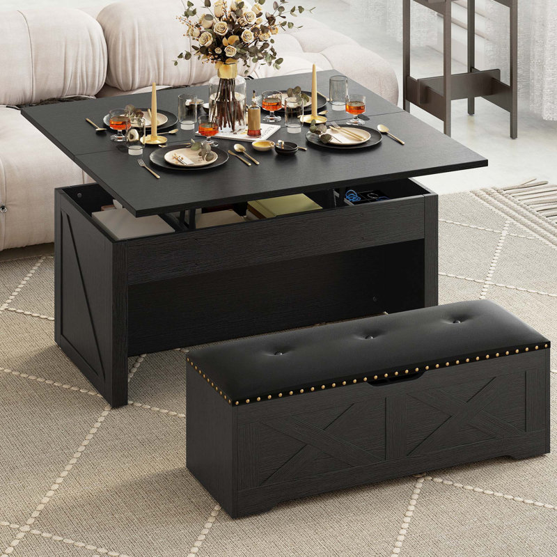 Table basse relevable avec rangement, ensemble de tables centrales extensibles avec banc repose-pieds, Noir