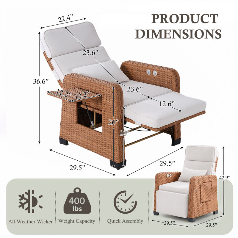 Fauteuil inclinable d'extérieur en résine tressée, chaise longue de patio avec dossier et repose-pieds réglables, table rabattable - Résine tressée marron miel / blanc ivoire