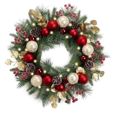  20'' Pre-Lit Christmas Wreath for Front Door with Lights, Lighted Christmas Door Wreath with Red Gold Xmas Balls Norfolk Pine Branches for Home Porch Fireplace Window Holiday Decor