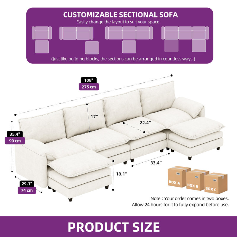 139'' W Double Layer U-Shaped Cushion Cloud Couch, 6-Piece Sectional Sofa, White Velvet