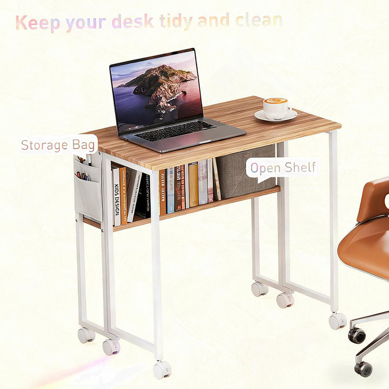 Bureau d'ordinateur pliable, avec roulettes pivotantes à 360 °, tablette pour petits espaces, Bois naturel / blanc