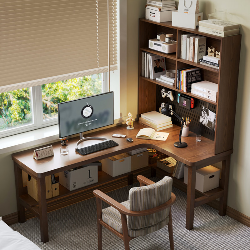 Bureau en L en bois massif avec bibliothèque intégrée, H 72,83 po x l 55,12 po x P 47,24 po