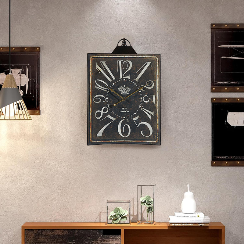 Grande horloge murale rectangulaire noire rétro