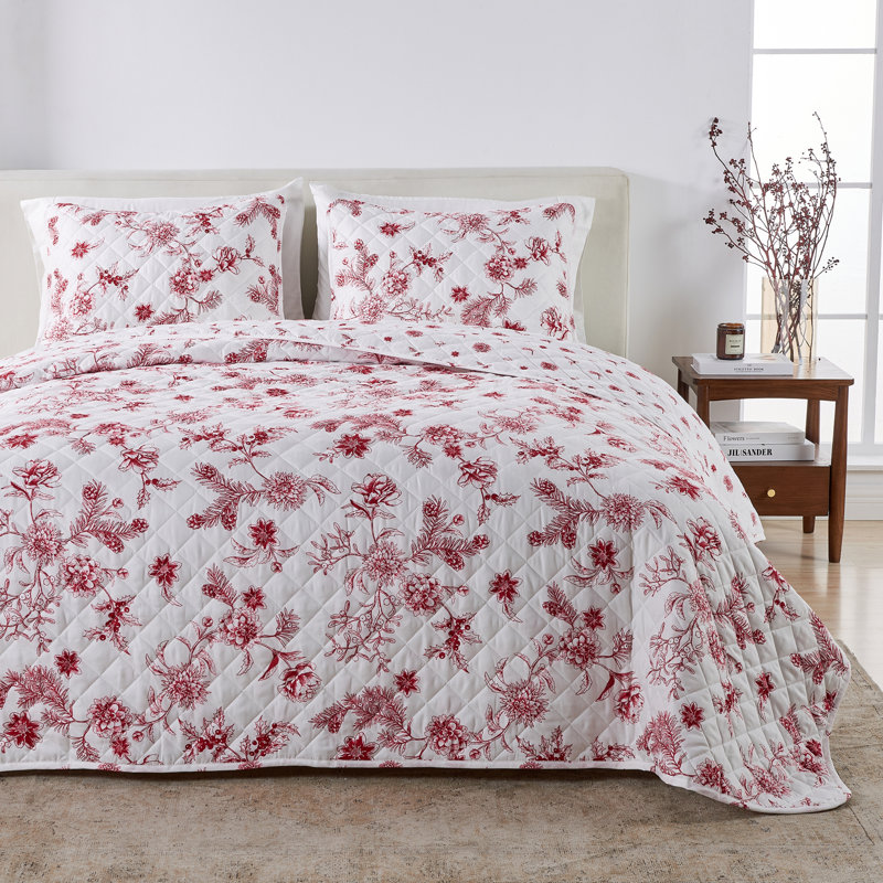 Vibrant & Cheerful Christmas Quilt Set, California King Quilt  + 2 King Shams, Jolly Floral
