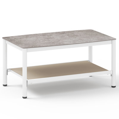 Boho 35.4" W Rectangular Outdoor Coffee Table with Toughened Glass Top and 2-Tier Storage Shelf