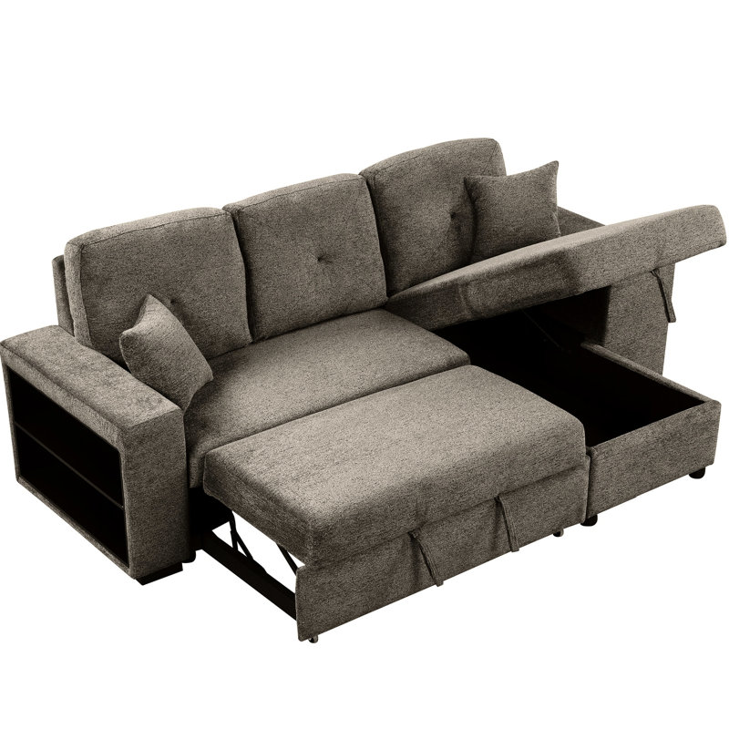 Reversible Bed Sectional With Storage And Stools, L-Shaped For Space Saving, Velvet Upholstered, Charcoal Side Shelf Storage, Pull-Out Sleeper Anywhere, Foam,