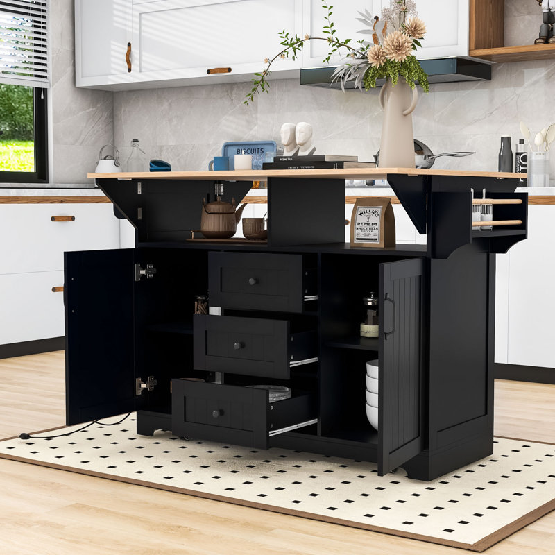 Large Folding Storage Kitchen Island with Power Outlet and Drawers, Black
