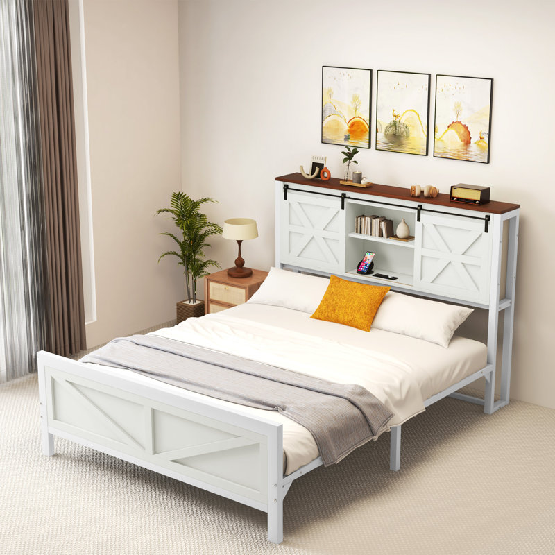 Farmhouse Platform Storage Bed with Bookcase Headboard and Built-In Charging Station, White, Queen
