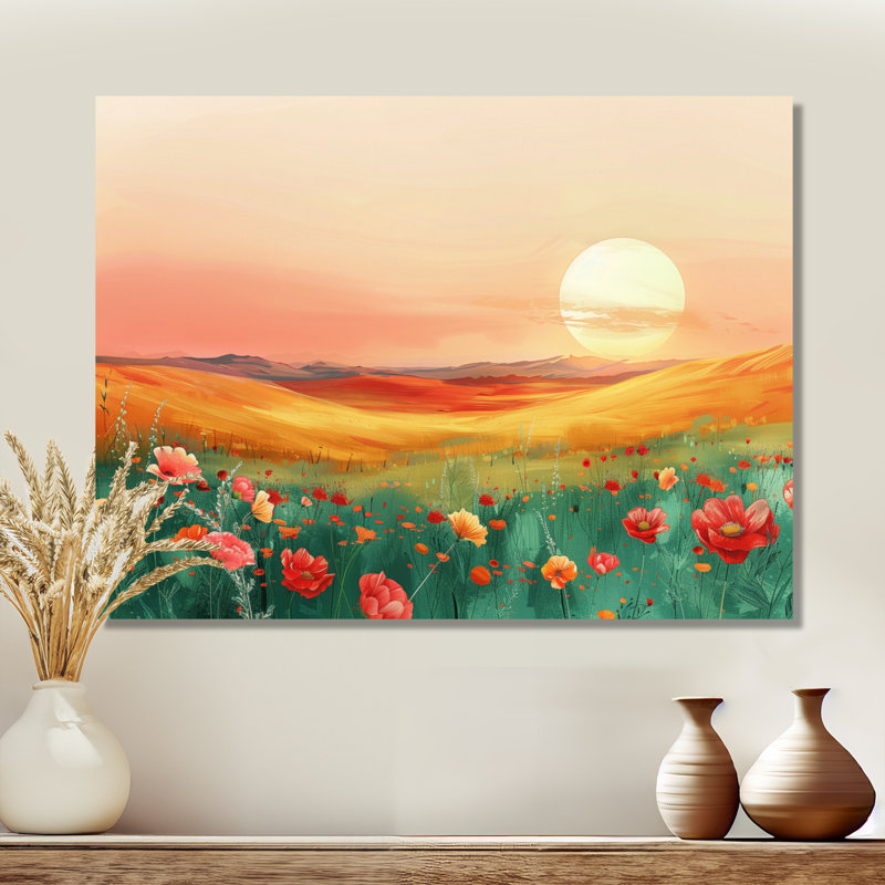 «Flower Meadows At Sunset II - Landscape Mountains», art mural, H 34 po x l 44 po x P 1,5 po, Toile tendue