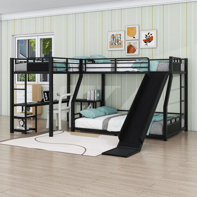Lit superposé en forme de L en métal peu encombrant avec glissade, port de charge, tablettes et bureau intégré