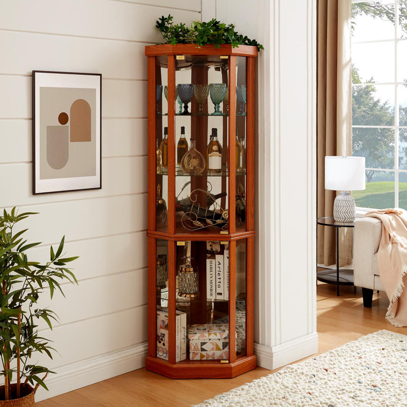 Corner Display Cabinet with Tempered Glass Doors & Shelves,Built-in Lighting, Dark Oak