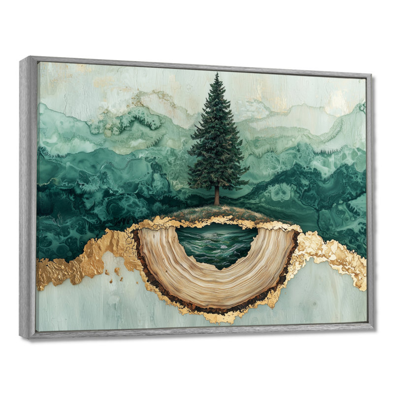 «Emerald Pine Tree On Wooden Tree Slide II», reproduction sur toile, 16" H x 32" W, Encadrement argenté