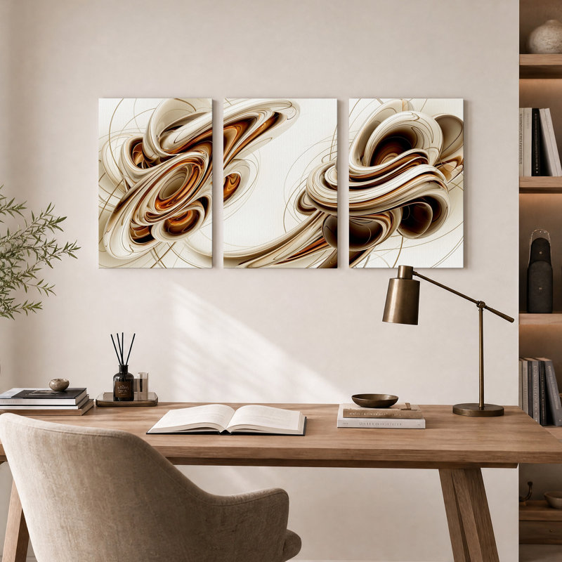 Ensemble de 3 toiles abstraites métalliques bronze et beige, 30"H x 20"W x 3pcs