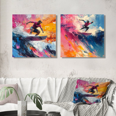 Pink Surfing Competition I - Surfing Wall Art - Modern Wall Art Decor Set 2 Piece