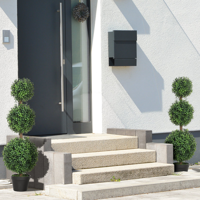 Banasky Set of 2 Decorative Artificial Plants Boxwood Trees in Pot, Green