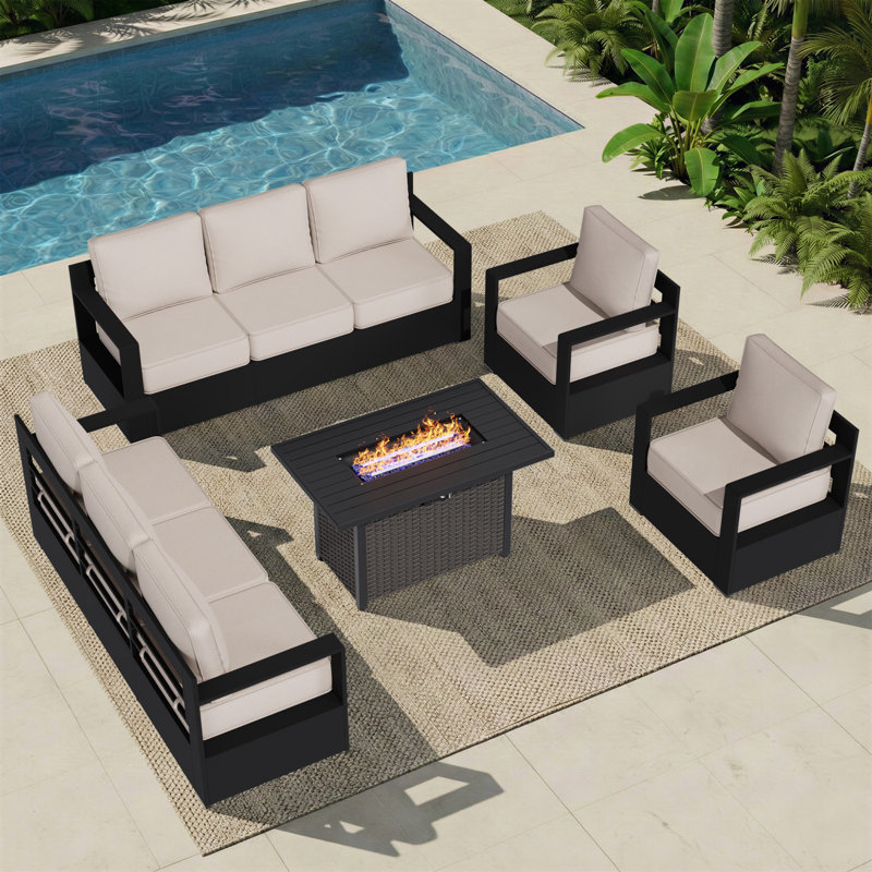 8-Person Aluminum & Iron Outdoor Lounge Set with Plush Cushions and Convertible Fire Pit Table, Beige, Black/Gray
