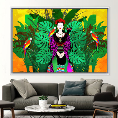 Frida Wall Art, Famous Canvas Gift, Frida Kahlo Artwork, Frida With Parrots Illustraion Printed, Floating Frame,