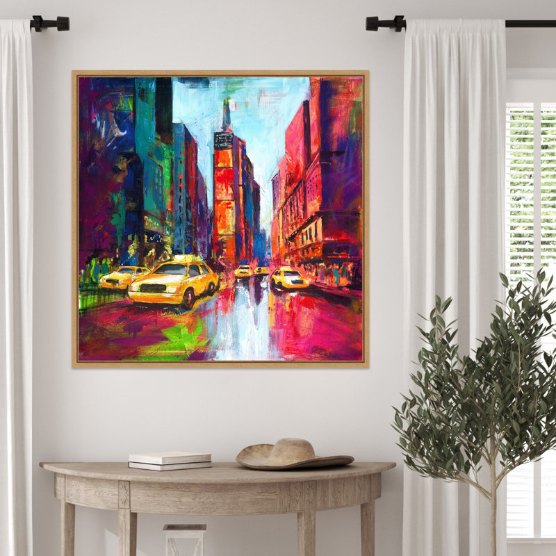 "Times Square with Yellow Cabs" par Kinley, reproduction d'art sur toile encadrée, H 30 po x l 30 po