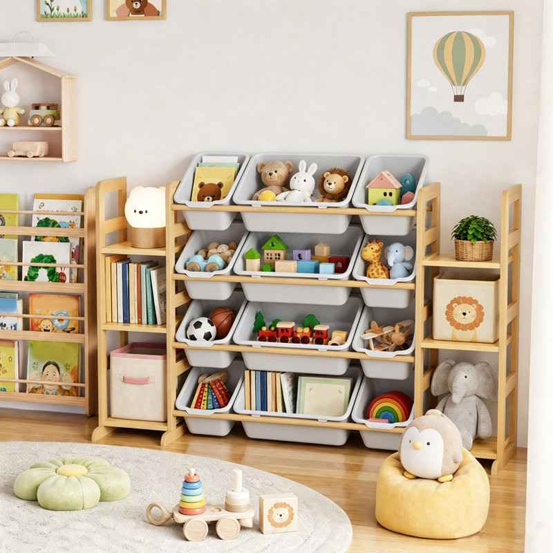 Organisateur de rangement pour jouets avec 6 tablettes et 12 bacs, bibliothèque pour enfants, étagère à jouets, Gris