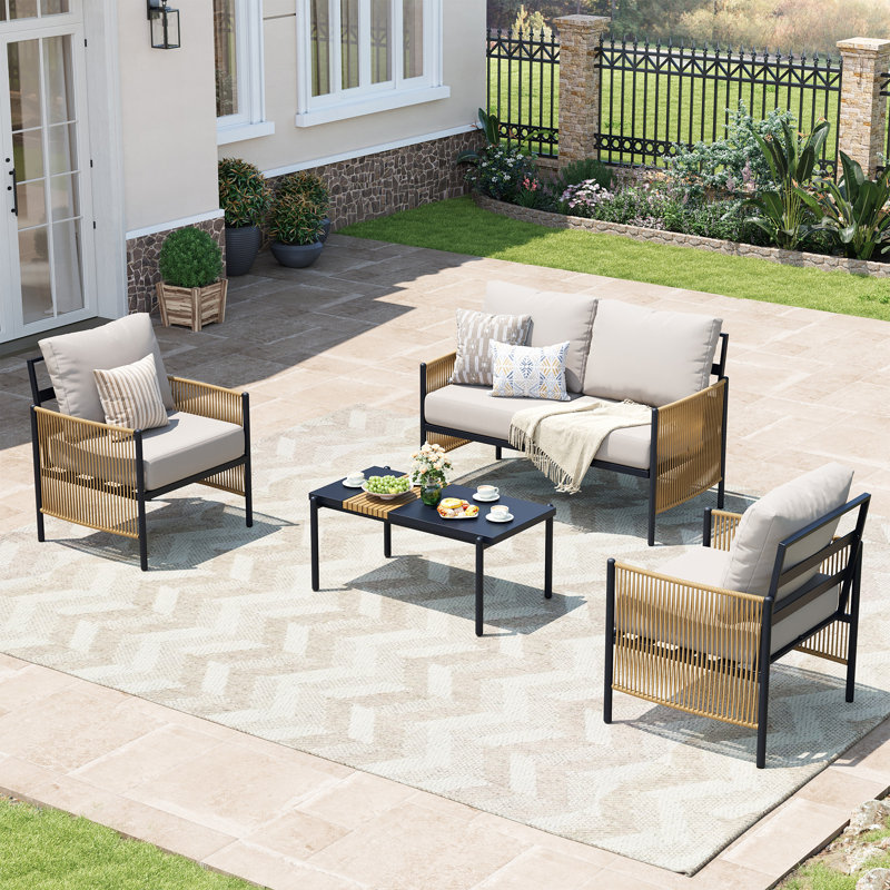 Outdoor Patio Furniture Set, 4 Piece Patio Conversation Sets with Coffee Table, HDPE Rope & Aluminum Armrests,Outdoor Conversation Sets with Thick Cushions for Deck, Backyard, Indigo Ink