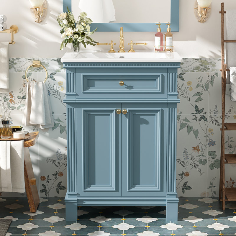 24'' Vintage Bathroom Vanity With Ceramic Sink, Indigo Blue