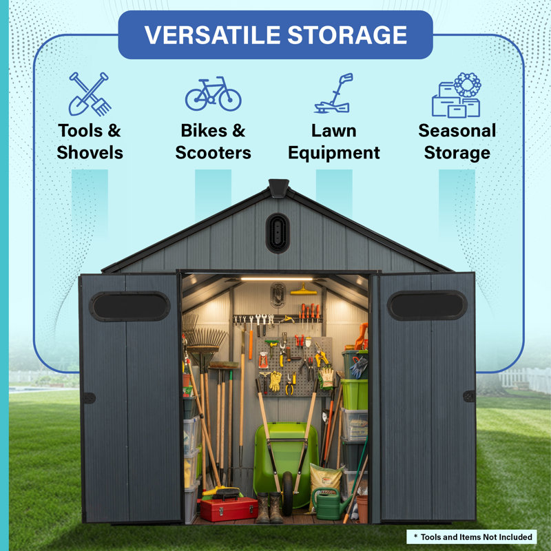 Plexalife 8×12 Large Heavy-Duty Outdoor Resin Storage Shed with Custom-Fit Solar Light Included Windows & Double Doors, Weatherproof & UV-Resistant Garden and Tool Shed with Metal Reinforcement & Ventilation, Light Grey - by a Trusted USA Brand.