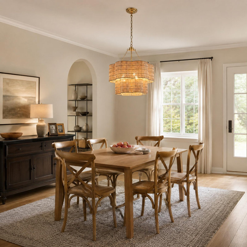 6-Light Scalloped Rattan Drum Chandelier, 2 Tiers