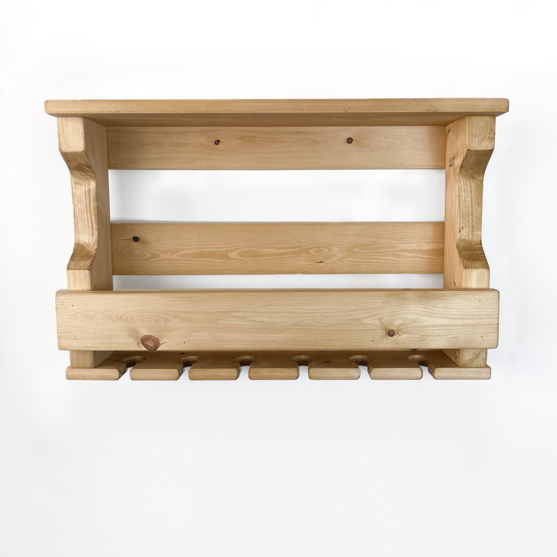 Marquand 8 Bottle Solid Wood Wall Mounted Wine Bottle & Glass Rack, Oak