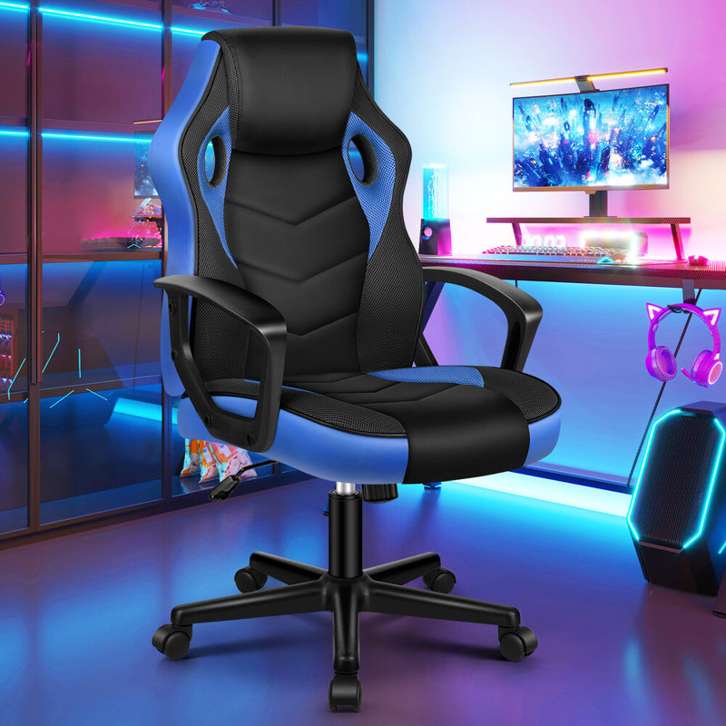 Inbox Zero Adjustable Faux Leather Swiveling PC & Racing Game Chair, Blue