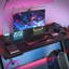 Black Gaming Desk LED Light Computer With Headphone Hook and Cup Holder Home Office Desk-2042088415
