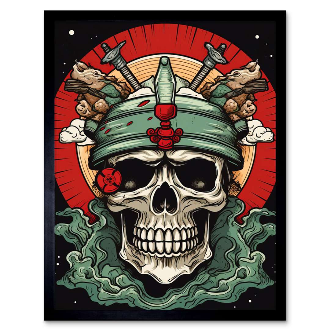Preas Skull Samurai Hat Old School USA Tattoo Ink Body Rockabilly Americana - Single Picture Frame Print