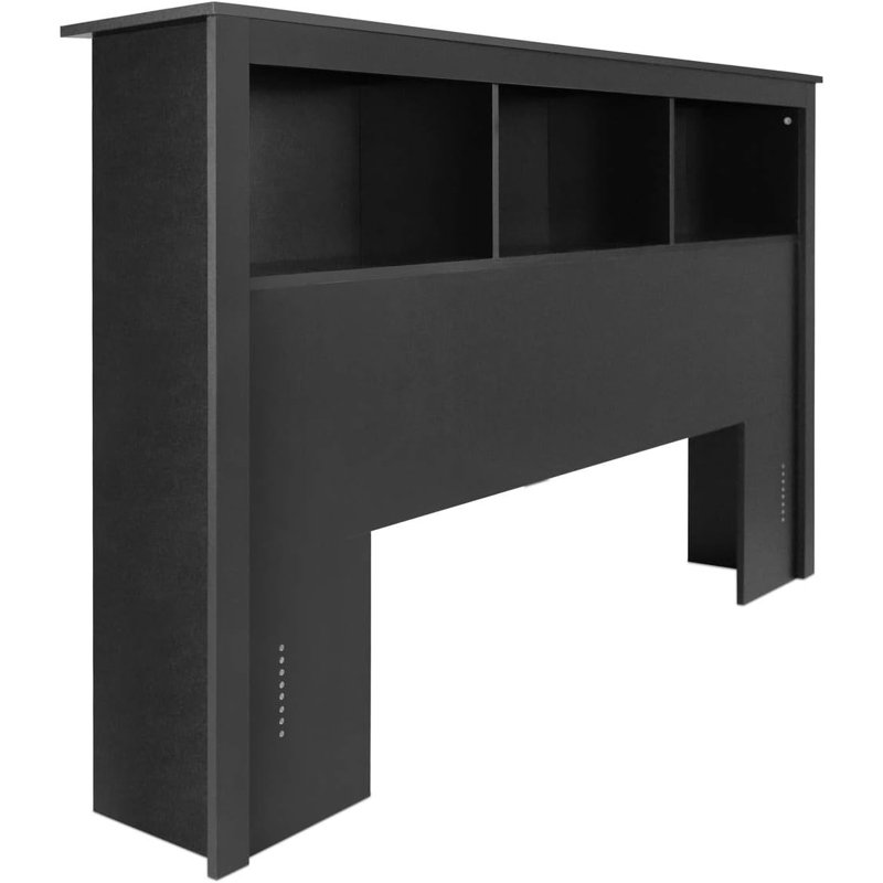 Tête de lit bibliothèque en bois avec rangement pour grand lit, noir uni