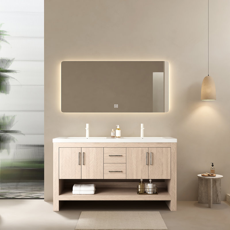 Meuble-lavabo de salle de bain 60 po, 2 lavabos, lavabo en acrylique, armoire en contreplaqué, chêne, 4 portes, tiroirs, pré-assemblé, meuble-lavabo moderne charmant de 60 po, rangement, tablette ouverte, blanc et étapes d'installation rapide
