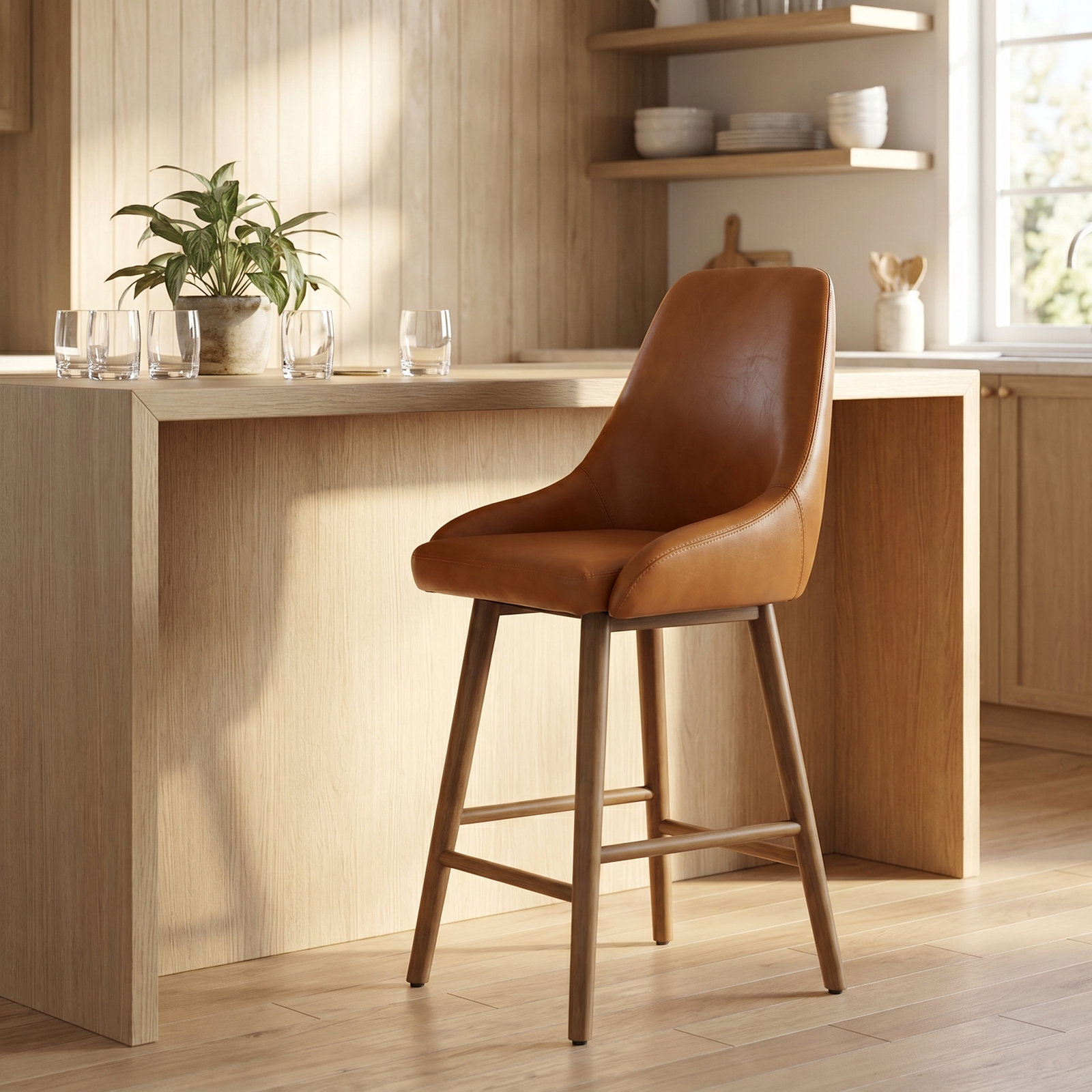 26" Bar Stool, Brown Faux Leather