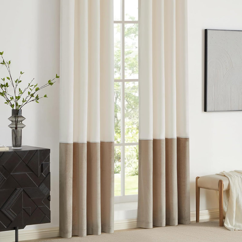 Velvet Thermal-Insulated Blackout curtains. Room Darkening 75%-95% Patchwork Color Block Drapes for Bedroom Living Room Window（set of 2）