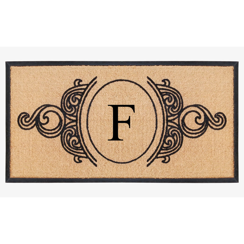 Tapis de porte en fibre de coco naturel et en caoutchouc monogrammé à la main Jahkobe Floral - 30 po x 60 po, robuste, durable et durable