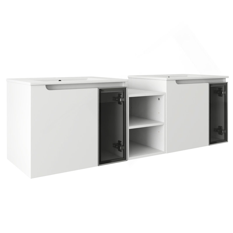 Meuble-lavabo mural 60 po avec lavabo en céramique, portes à fermeture en douceur, meuble-lavabo blanc brillant et 1/2 porte en verre gris, petite tablette de rangement, contreplaqué
