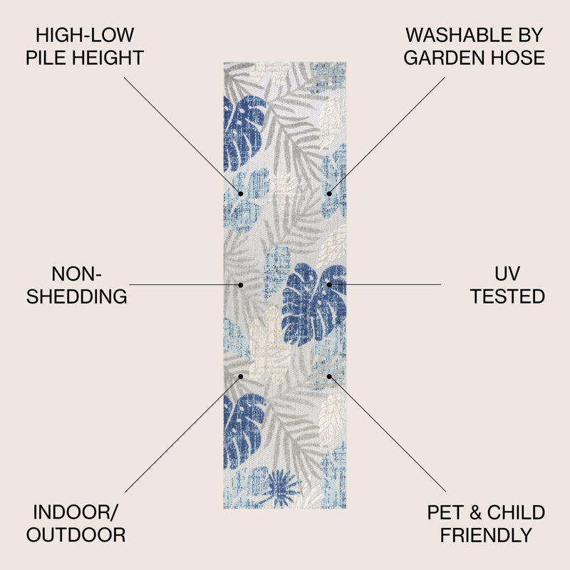 Etolin Tropical Leaf High-Low Light Gray/Navy Indoor/Outdoor Rug, Runner 2'3" x 8', Light Gray/Navy