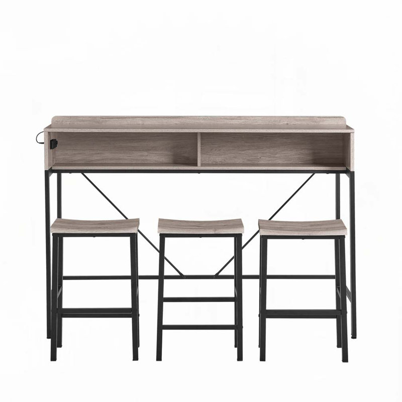 59"Console Table with Power Socket and LED light, 3 Saddle Stools, Gray