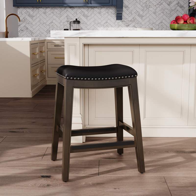 Tabouret de selle à hauteur de comptoir de 24 po en cuir gris et noir - siège profilé pour un confort accru dans la salle à manger, coussin moelleux, cuisine idéale ou bar