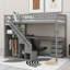 Lit mezzanine en bois moderne avec garde-robe ouverte, tablettes de rangement, tiroirs et garde-corps pleine longueur-2093284473