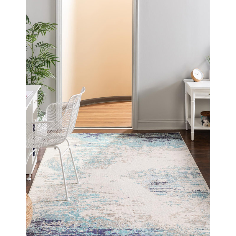 Tapis abstrait beige / bleu, Rectangle 6 pi x 9 pi