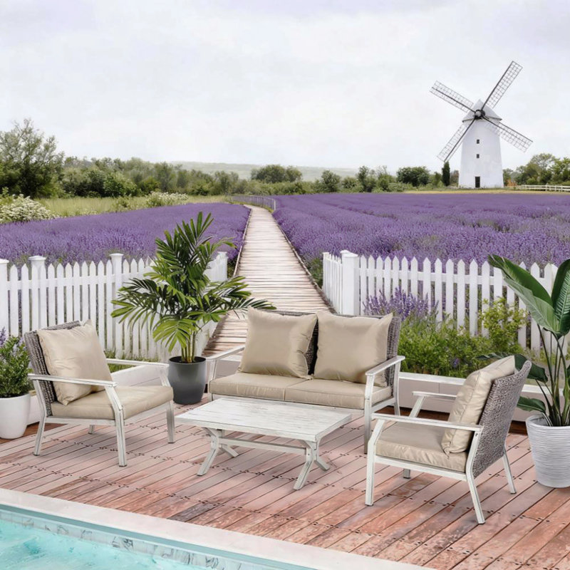 Ensemble de 4 canapés d'extérieur en osier beige avec conversation et coussins pour le jardin près de la piscine