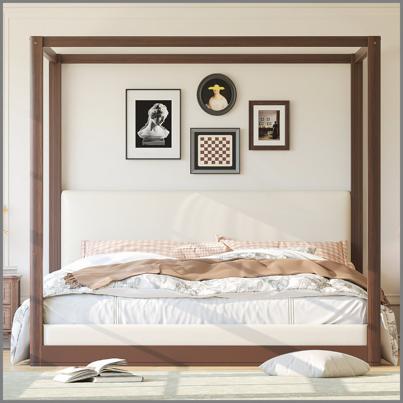 Lit plateforme à baldaquin en bois très grand avec tête de lit tapissier, structure espresso et tissu blanc, Très grand lit